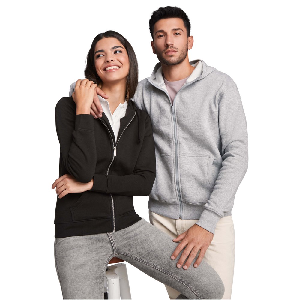 Hochwertige Kapuzen-Sweatjacke – ideal als personalisiertes Kundengeschenk mit Logo-Aufdruck. graumeliert