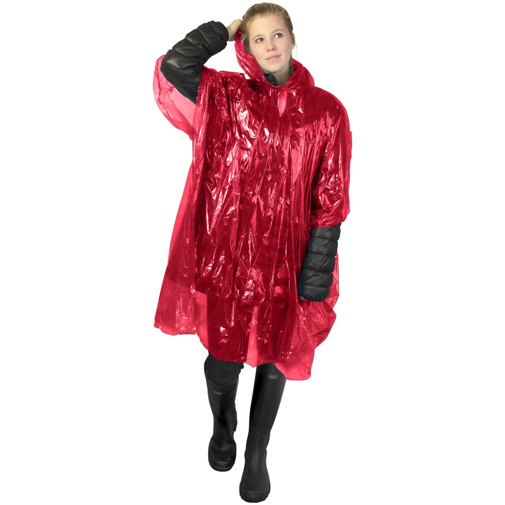 Poncho jetable pour la pluie Mayan recyclé certifié GRS avec pochette de rangement rouge