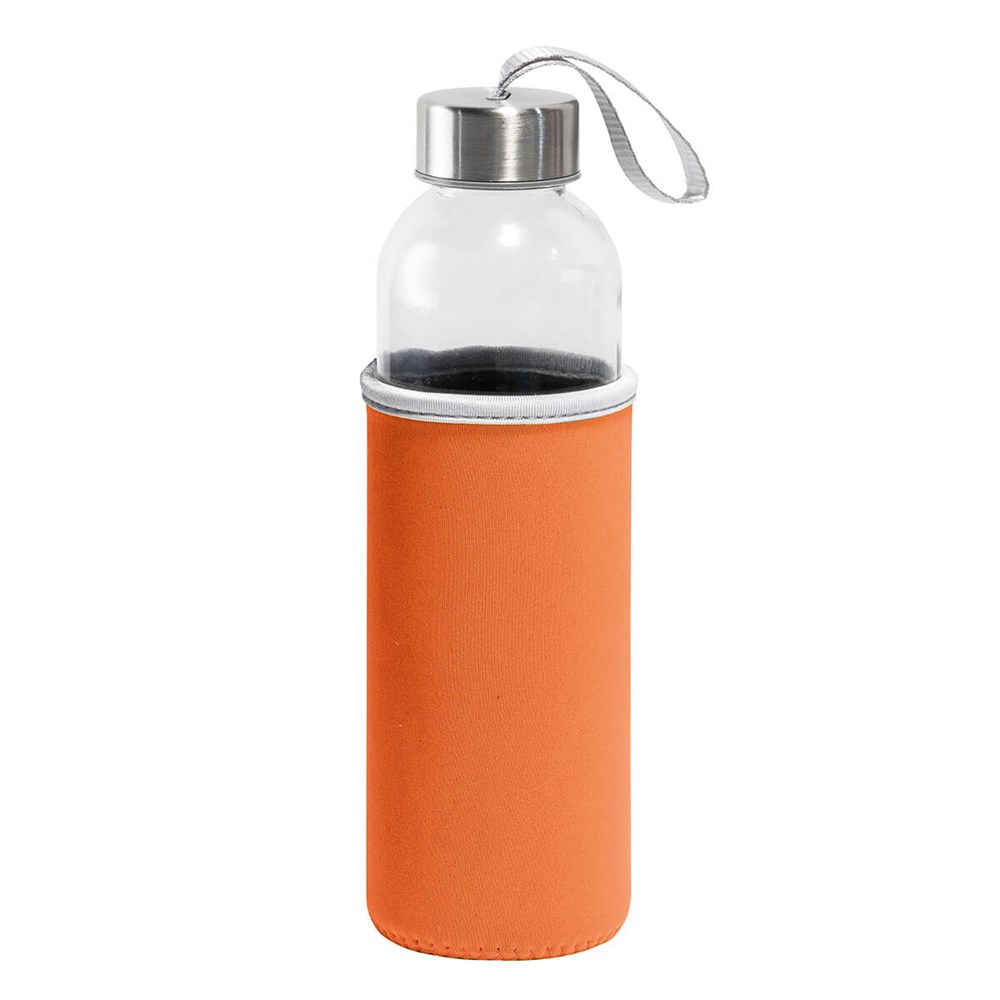 Praktische Trinkflasche mit einem Grossteil aus Glas. Personalisiert mit Ihrem Logo ✔ Design ✔ Qualität ✔ Nachhaltigkeit orange