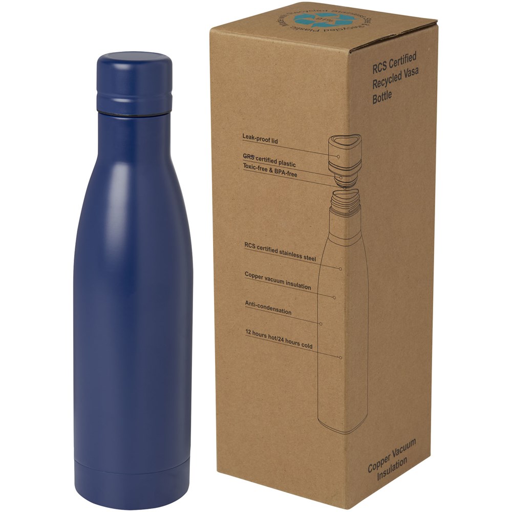 Bouteille isotherme Vasa en acier inoxydable recyclé certifié RCS de 500 ml avec isolation par le vide et couche de cuivre bleu