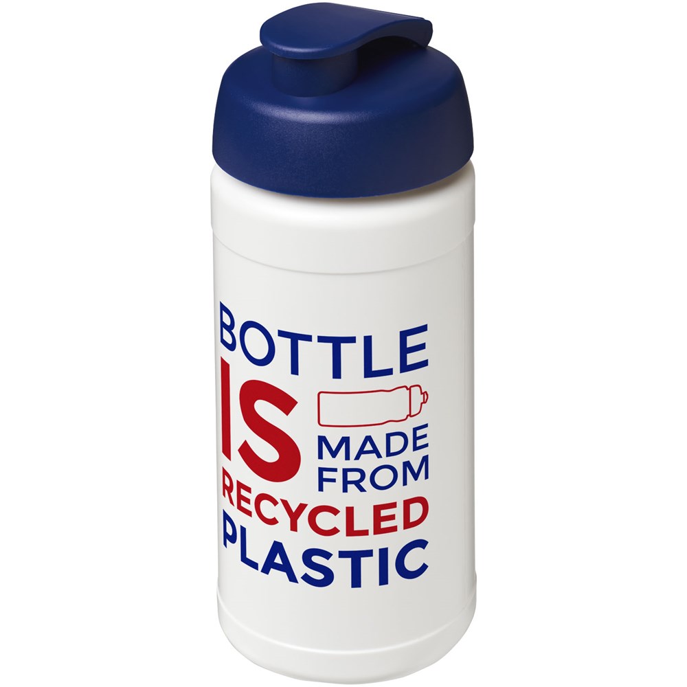 Bouteille de sport Baseline de 500 ml recyclée avec couvercle rabattable Blanc, Bleu