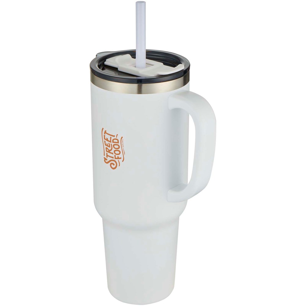 Mug Sydney 1200 ml double paroi certifié RCS avec isolation par le vide et couche de cuivre avec paille blanc