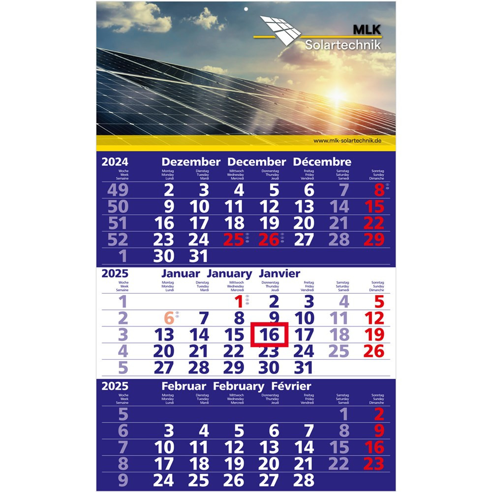 3-Monats-Wandkalender mit 2-farbigem-Offsetdruck 2025