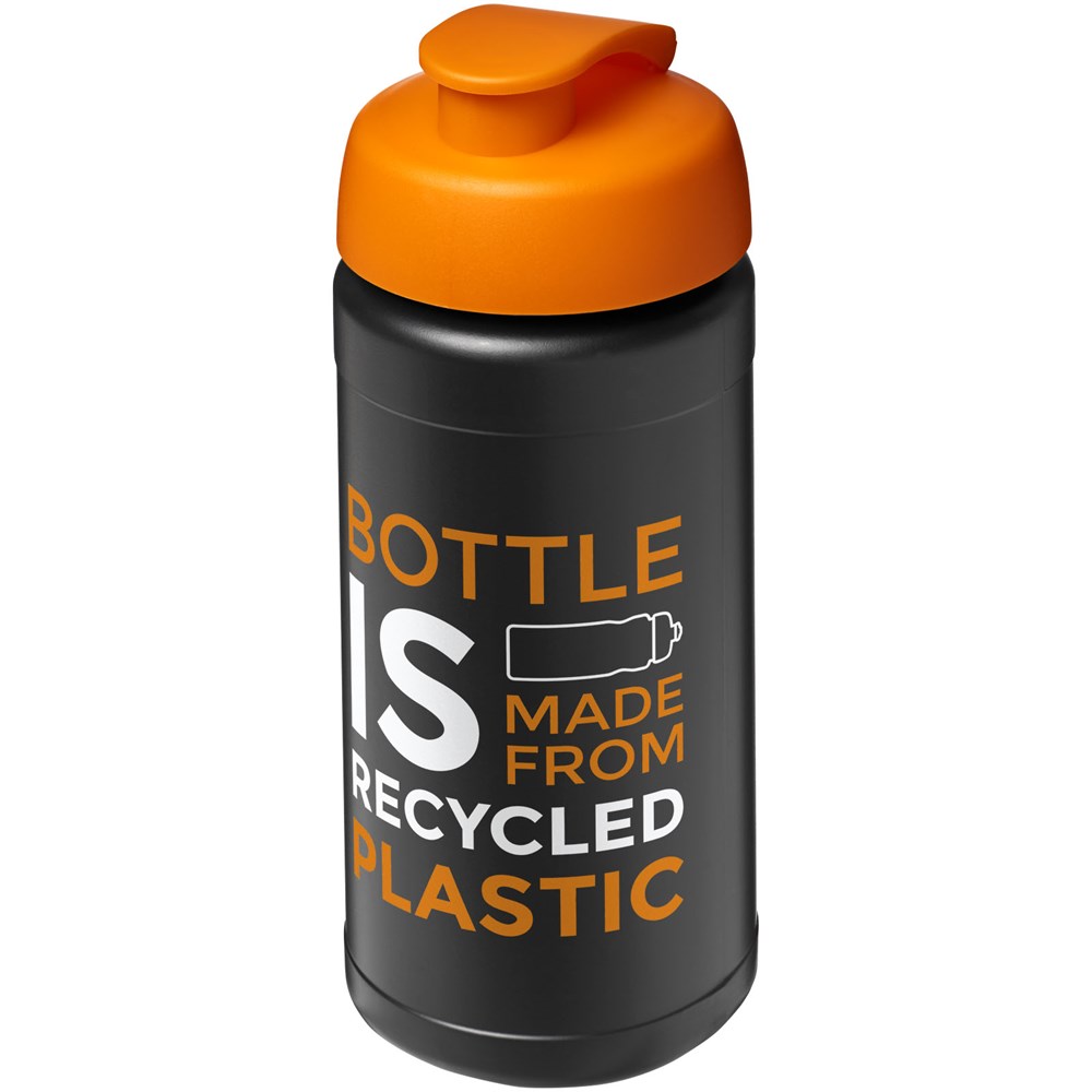 Bouteille de sport Baseline de 500 ml recyclée avec couvercle rabattable Noir, Orange