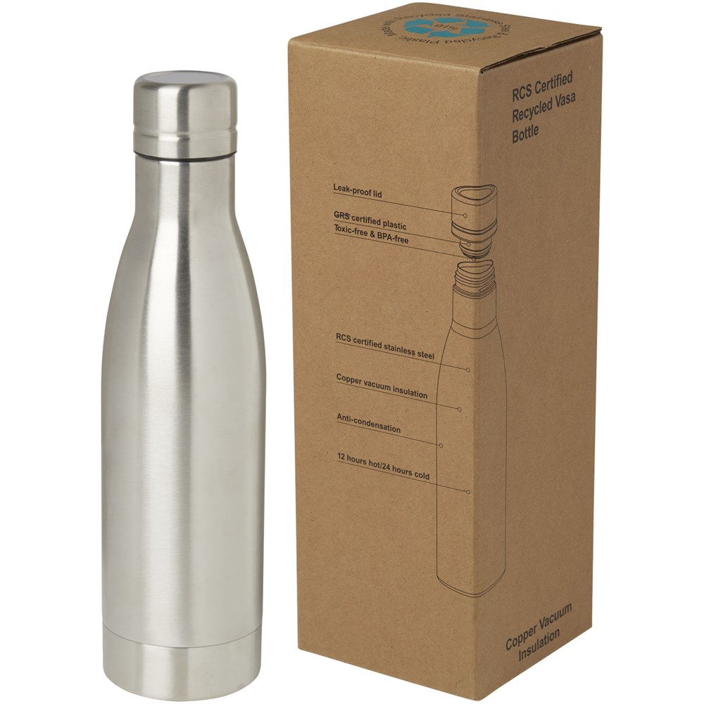 Bouteille isotherme Vasa en acier inoxydable recyclé certifié RCS de 500 ml avec isolation par le vide et couche de cuivre argent