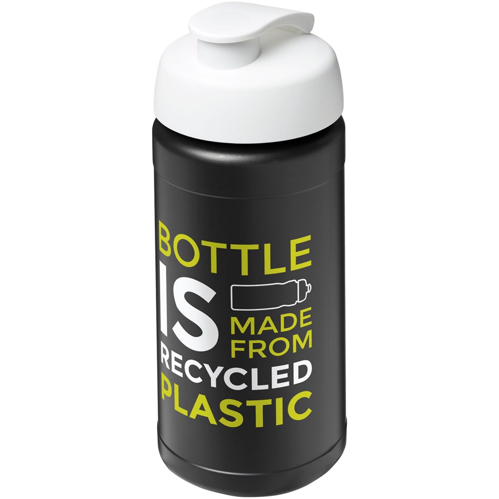 Bouteille de sport Baseline de 500 ml recyclée avec couvercle rabattable Noir, Blanc