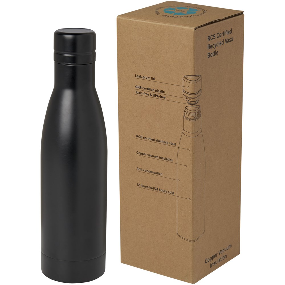 Bouteille isotherme Vasa en acier inoxydable recyclé certifié RCS de 500 ml avec isolation par le vide et couche de cuivre noir