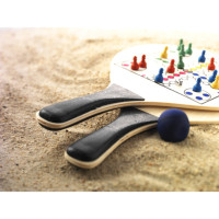 Vielseitiger Strandspiel 2 in1mit Set 2 Schlägern aus Holz und Ball, Schachbrett, Spielsteinen und Nylonhülle.